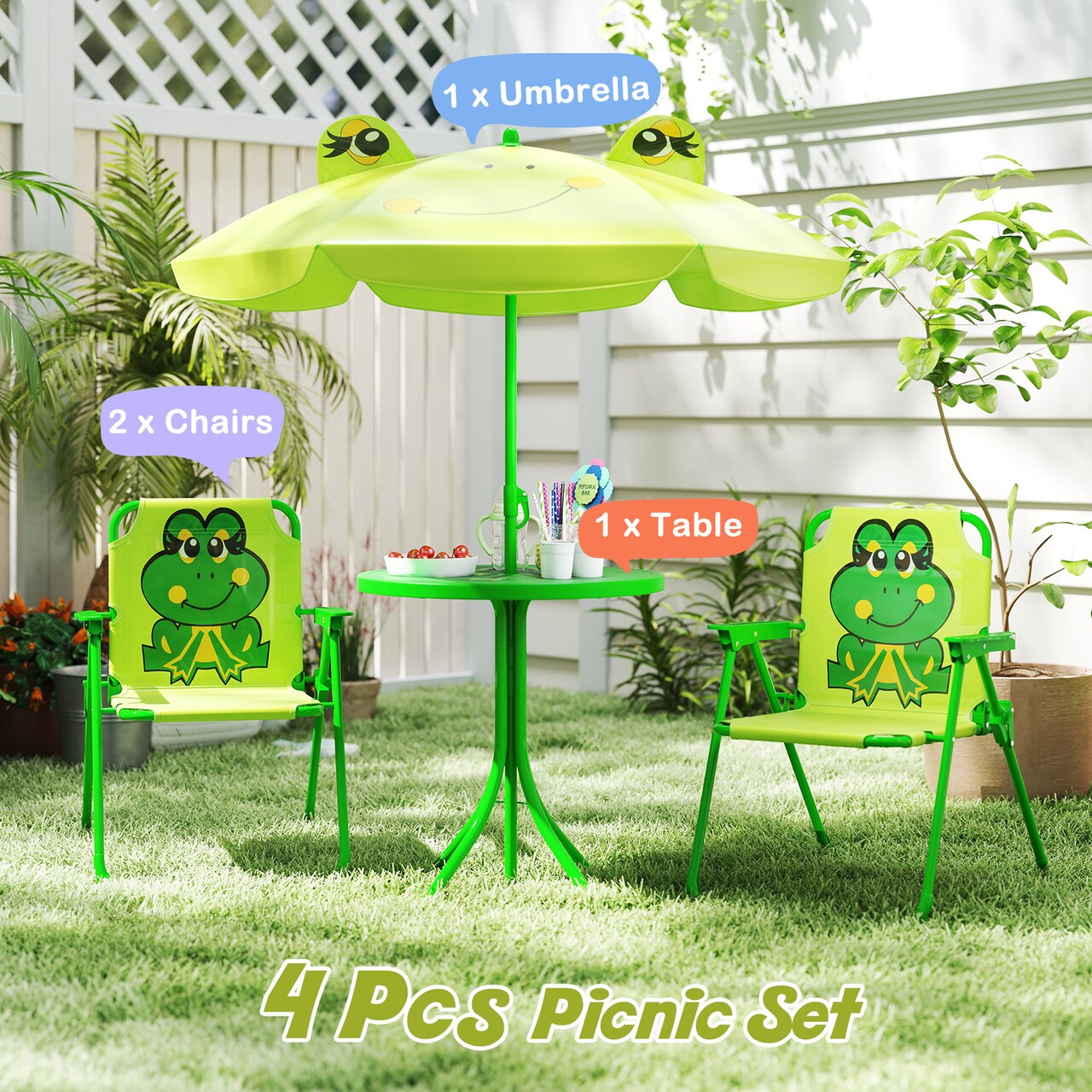 4-Piece Kids Picnic Set with Table, 2 Chairs, and Adjustable Umbrella